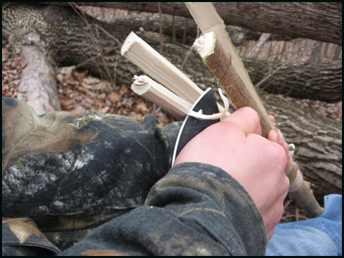 Final Touches Then add the finishing touches by shaving out some of the inside of the prongs. To do this, stabalize the spear and then slowly and gently pull the knife toward you using the curved portion of the blade to cut. Watch your fingers!